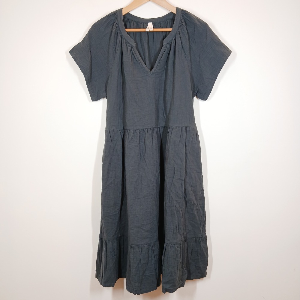 Pact Tiered Midi Dress Womens Large Charcoal Gray Organic Cotton Gauze V-Neck